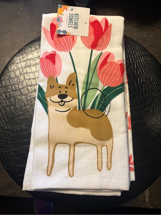 unbranded Other - Kitchen Towels Set - Pink Tulip & Tan Corgi Design
